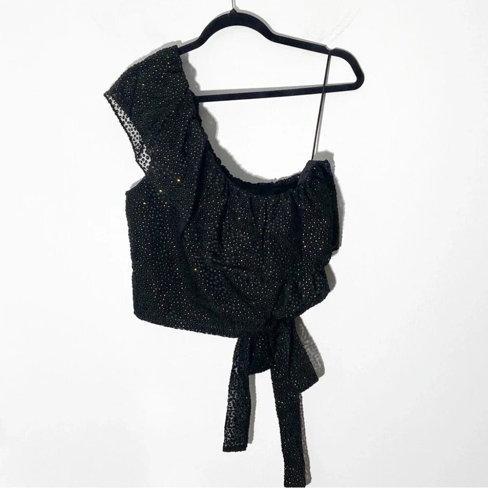 NWT Reiss Nora Metallic Spot Asymmetric Neck Tie Detail Top, Black/Gold size 10 - Picture 3 of 8